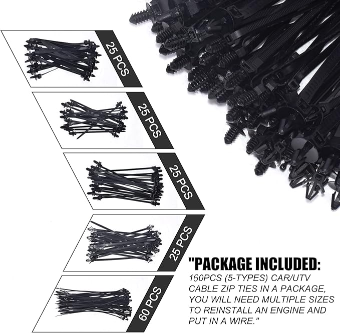 160Pcs Universal Nylon Push Mount Cable Zip Tie, Self Locking Cable Strap,Heavy Duty Nylon Push Mount Self Locking UV Resistant,5 Most Popular Sizes,for Indoor Wire Tying Construction Auto ect