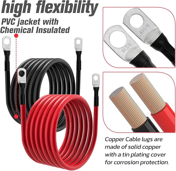 5 AWG Battery Cable 5AWG Gauge Battery Inverter Cables for Automotive Solar Marine Boat RV Car Motorcycle (5 AWG, 10FT, 3/8"+5/16")