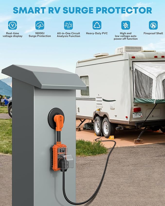 Kohree RV Surge Protector 50 Amp, RV Power Surge Voltage Protection, RV Adapter Plug with Real-Time Circuit Analyzer Smart Auto Shut Off LED Large Screen for Travel Trailers Camper, 50A 16000J-Orange