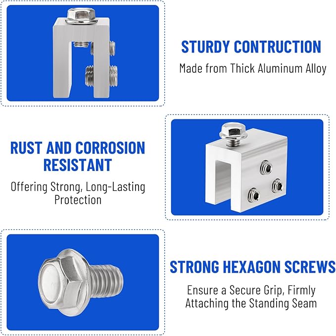 6PCS Standing Seam Roof Clamps, Metal Roof Fixing Clamps, Racking Bracket for Solar Panel Module Installation, Starlink Base, Heat Cable and Snow Guard Attachment