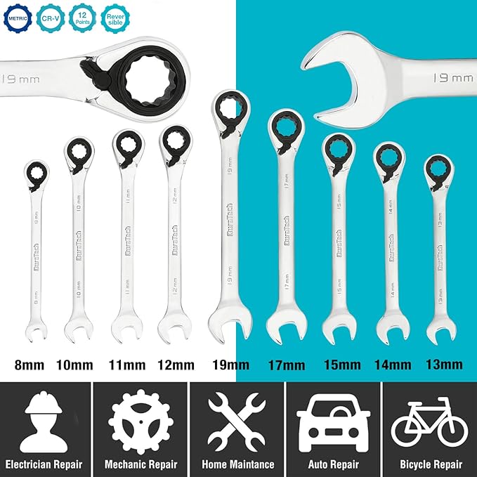 DURATECH Reversible Ratcheting Combination Wrench Set, Metric, 9-Piece, Open end Spanner with Rolling Pouch, 8 mm to 19 mm, 12 Point, CR-V Steel