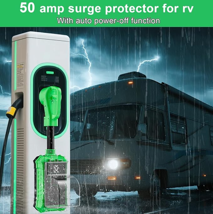 Rv Surge Protectors 50 Amp,16000 Joules Rv Circuit Analyzer with Waterproof Cover Safety Certification Led Display,Rv Voltage Protector for Camper, Travel Trailers (Green, 50A)