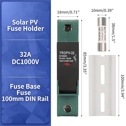 32 Amp Solar DC 1000V PV Fuse with Fuse Base, Solar Photovoltaic Fuse Holder, 10×38 mm Cylindrical Fuse Holder, 100 mm DIN Rail Mounting