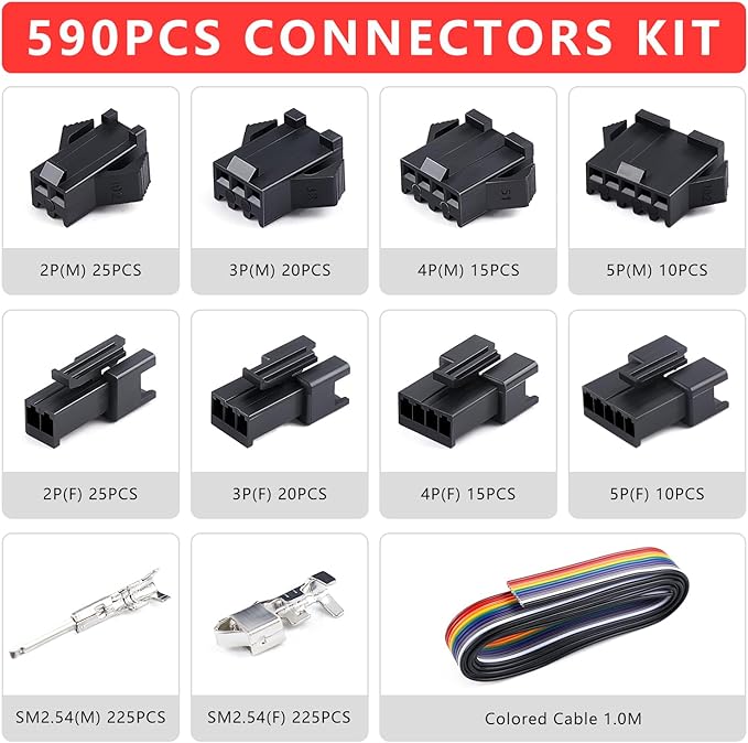 Zhushan JST Connector Kit with Open Barrel Crimper - 590PCS JST-SM Kit Included - AWG 24-16 (0.25-1.5mm²) - Compatible with AMP-TE 2.8/4.0/4.8/6.3, JST-SM2.54/XH2.54/VH3.96 & Molex