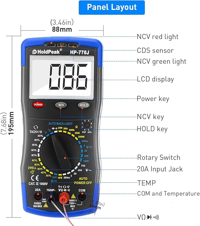 Digital Multimeter HP-770J Automotive Multimeter Engine Analyser Manual Ranging NCV Multi Tester Voltmeter Measure Voltage+Current+Resistance+Temp+RPM+Dwell Angle with Data Hold+Backlight+Auto Off+℃/℉