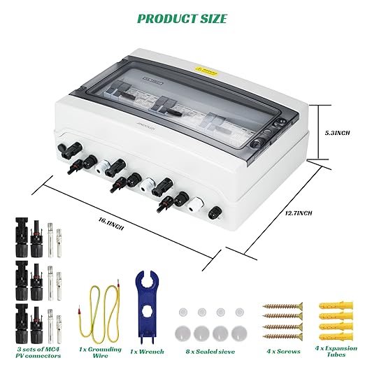 3 in 3 Out Solar Combiner Box,PV Combiner Box with 20A PV Fuse,DC 20A Circuit Breaker and Surge Protector,IP65 Solar Disconnect Switch Box for Indoor Outdoor Solar Panel System (3 in 3 Out 20A 1000V)