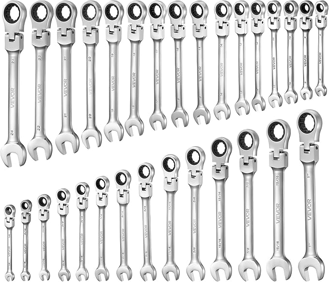 VEVOR Flex-Head Ratcheting Wrench Set, 30-Piece SAE and Metric, 72 Teeth, Cr-V Steel Ratchet Flexible Combination Wrench Set with Roll Up Pouch, for General Household and Automotive Repairs, Silver