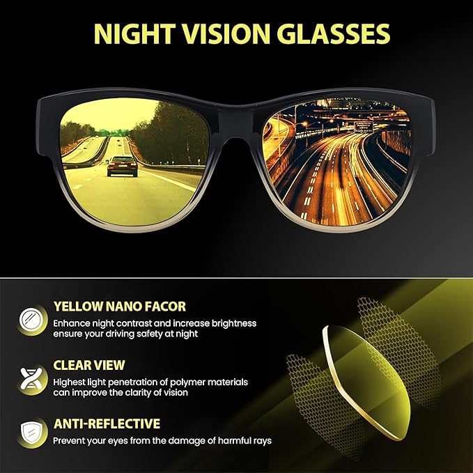 TJUTR Fit-Over Night Vision Driving Glasses for Men Women, Anti-Glare Polarized UV400 Yellow Lenses for Nighttime Safety