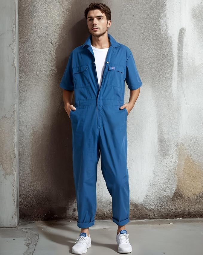 HISEA Coveralls for Men Short Sleeve, Mens Lightweight Mechanic Work Jumpsuit with Pockets, Stain & Wrinkle Resistant