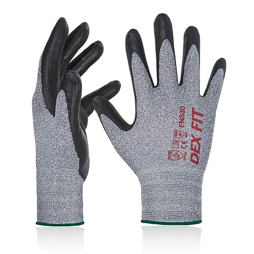 DEX FIT Nitrile Work Gloves FN330, 3D-Comfort Stretchy Fit, Firm Grip, Thin & Lightweight, Touch-Screen Compatible, Durable, Breathable & Cool, Machine Washable; Grey M (8) 12 Pairs