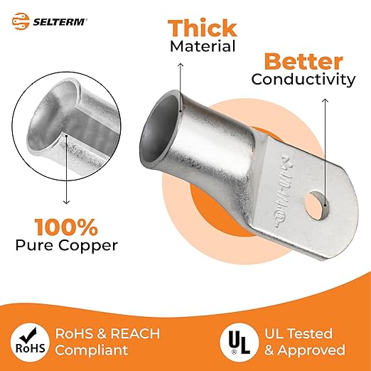 SELTERM 10pcs 4/0 AWG-1/4" Stud Tinned Copper Wire Lugs, Heavy Duty Battery Cable Ends,0000 Gauge Ring Terminals, UL Battery Lugs Marine Grade Copper Eyelets Electrical Battery Terminal Connectors