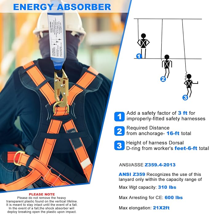 100FT Vertical Lifeline Assembly，Fall Protection Rope with Two Rope Grab Snap Hooks, Shock Absorber，Safety Climbing Equipment Roofing Safety Kit, CE ANSI