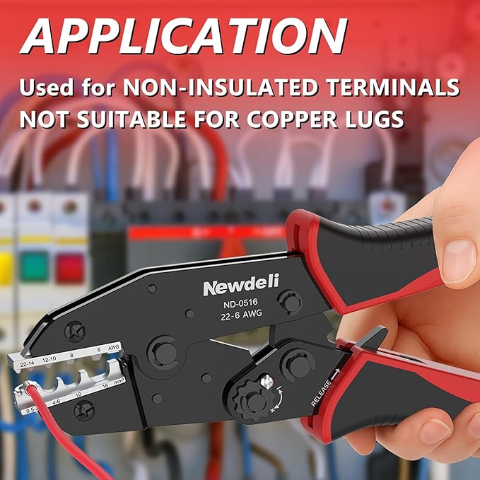Newdeli Wire Crimping Tool for Non Insulated Butt Wire Connectors - AWG 22-6 Ratchet Wire Crimper Tool Electrical Non Insulated Ring Terminals Ratcheting Crimping Plier Crimp Tool