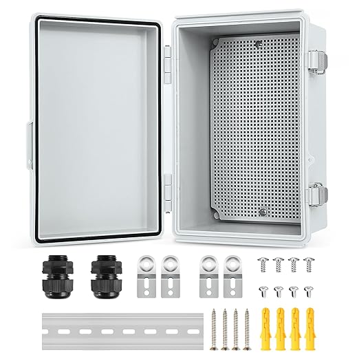 Waterproof Electrical Junction Box, IP67 ABS Plastic Junction Box Enclosure with Aluminum DIN Rail, Mounting Plate, Wall Brackets for WiFi Electronics Project, Grey (10.2''×6.3''×3.9'')