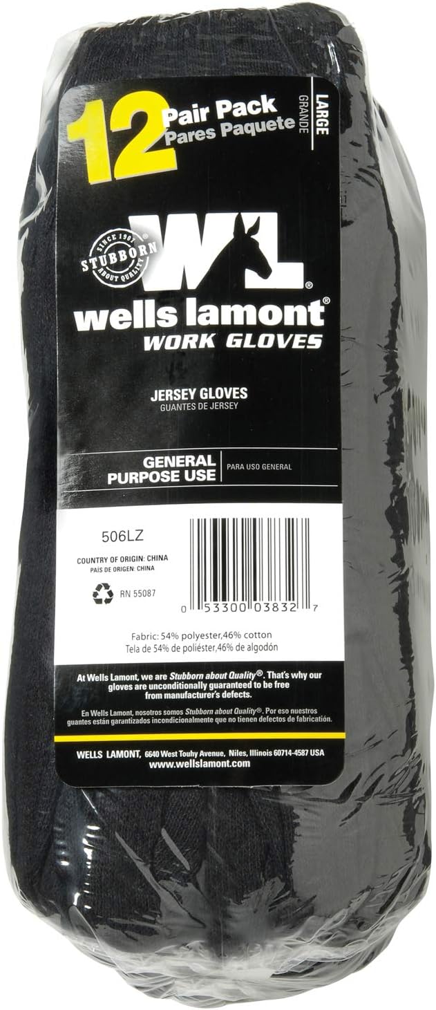Wells Lamont Versatile Work Gloves Lightweight, Durable, Comfortable Jersey Basic, 12-Pair Bulk Pack, X-Large (506XLZ)