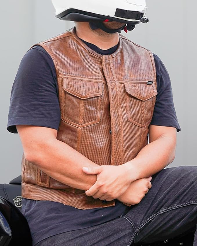 First Mfg Co - Lowside - Mens Motorcycle Biker Riding Canvas, Leather, Twill, Perforated Leather Vest