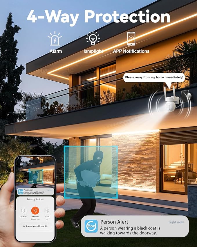 4gLte Cellular Security Camera, No WiFi Security Camera ，360°View PTZ, ABS Fireproof IP65 Waterproof, 2K HD Color Night Vision, Human Tracking, 2-Way Audio