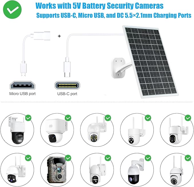 13W Solar Panel for Outdoor Security Cameras, USB-C, Micro USB & 5.5x2.1mm DC Output, 360° Mount, IP66 Waterproof, 7.2FT Cable, Compatible with 5V Battery Powered Cameras