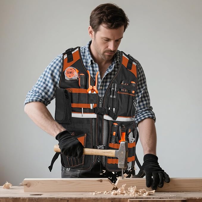 Electrician Tool Vest for Men, Reflective Safety Work Vest with Adjustable Thick Straps, Removable Phone Holder for Electrical, Carpenters, Construction, 22 Pockets