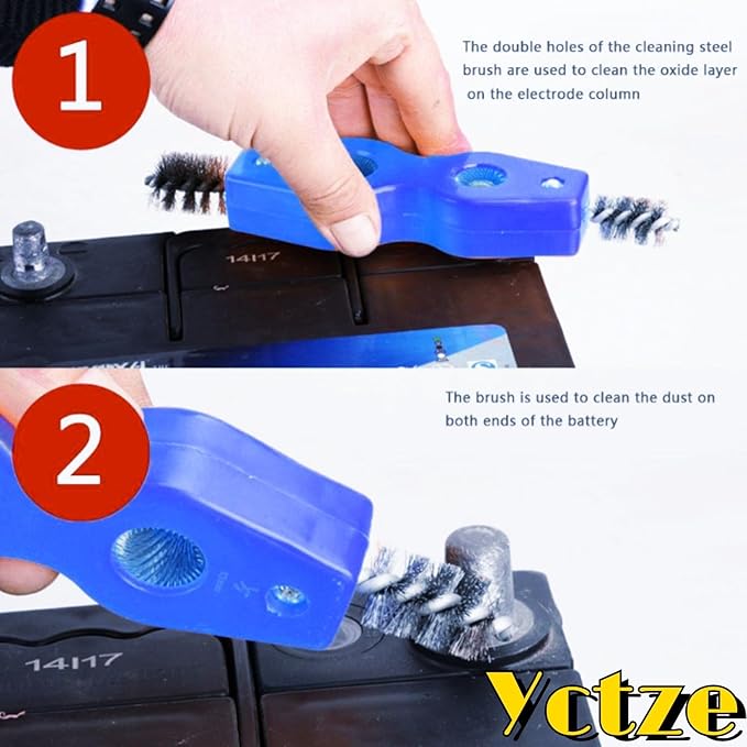 Yctze 4 in 1 Steel Battery Terminal Cleaning Brush, Battery Cleaner Tool, Perfect for Battery Terminals & Pipes, Suitable for Auto Battery Post Cleaner