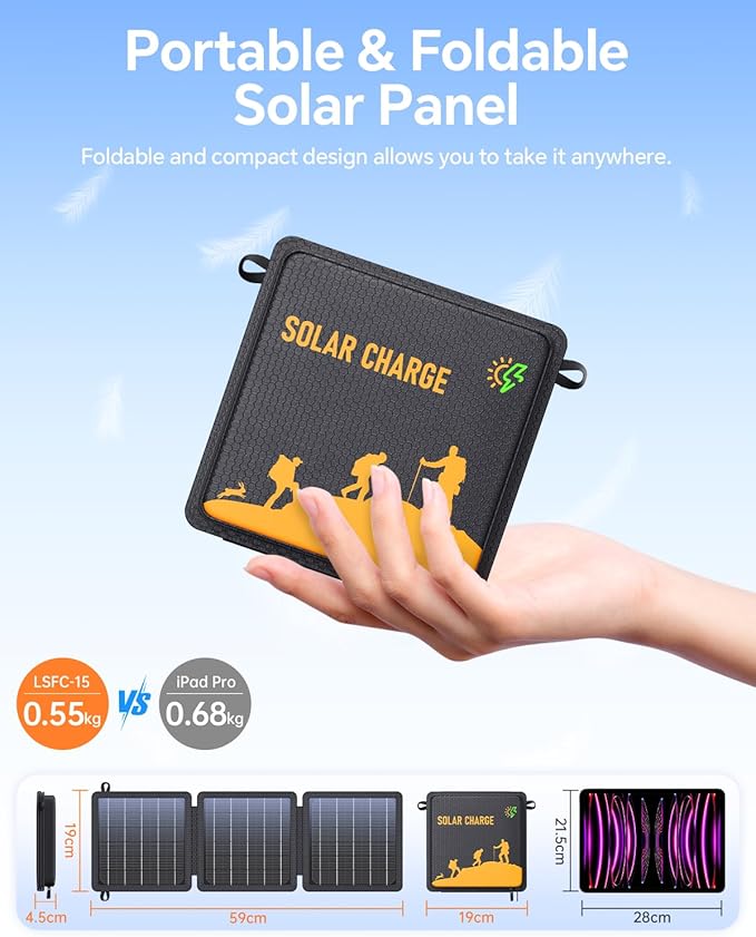 15W Small Portable Solar Panel Chargers (5V/3.0A USB-A/USB-C), IP65 Waterproof Foldable Solar Panel with Large Storage,Backpack Solar with 2 Carabiner for Camping,Hiking, Cell Phone,Tablet