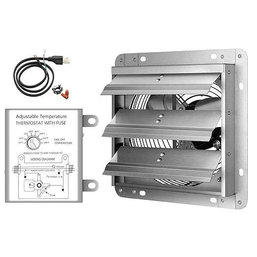 Simple Deluxe 14 Inch Wall Mounted Shutter Aluminum Exhaust Fan with Temperature Controller and Power Cord Kit, 1600 RPM, 1000 CFM, for Attic, Garage, Louvered Vent, Plant, Greenhouse, Silver