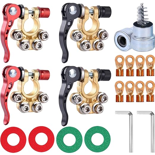 Battery Terminal Connectors 4 Pieces, Battery Terminal Cleaner, Copper Wire Lugs, Fiber Washers, Hex Wrench, Battery Terminals, Quick Disconnect Quick Release, for SAE/JIS Type A Posts