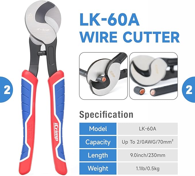 iCrimp IWS-50BN Battery Cable Terminal Crimping Tool Kit for 8, 6, 4, 2, 1, 1/0AWG Battery Cable Lugs, with Battery Cable Cutter and Wire Stripper