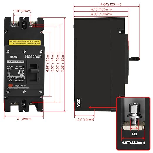 Heschen DC Molded Case Circuit Breaker MCCB, 2 Poles, DC1000V Photovoltaic Circuit Breaker, for Solar PV System Solar Panels Grid System (200A HSM3DC-250)