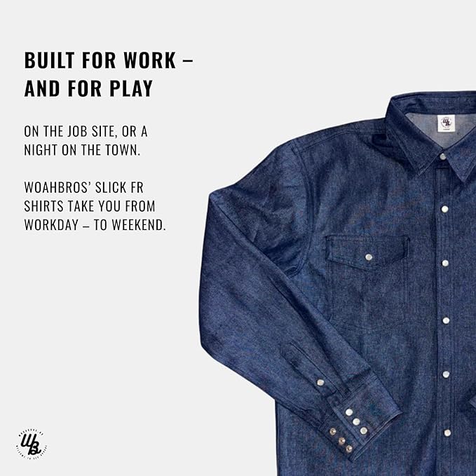 WoahBros FR Shirts for Men, 8oz Midweight Flame Resistant Welding Shirt, 100% Cotton, Pearl Snap Buttons - CAT2/NFPA2112