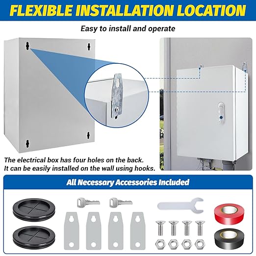 Electrical Box 12 x 10 x 6'' Steel Electrical Junction Box，NEMA 4X Steel Enclosure Box，Indoor&Outdoor Electrical Box Waterproof & Dustproof，Wall Mounted Universal，with Lock & Mounting Plate