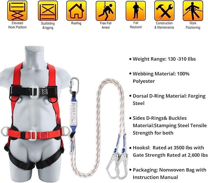 Safety Harness Fall Protection Kit - Full Body Roofing harnesses with Shock Absorbing Lanyard Upgrade Paded
