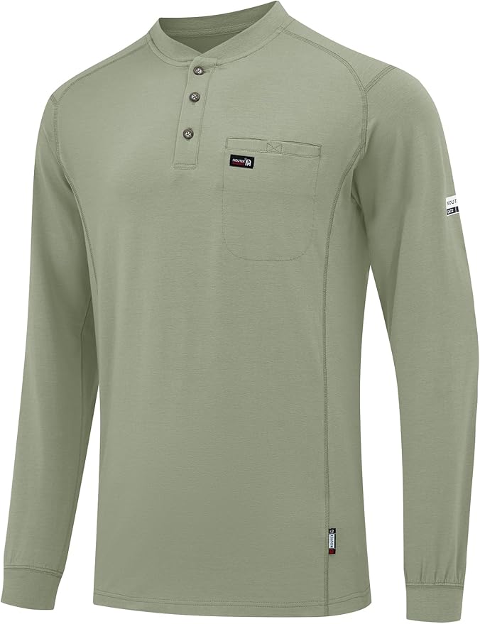 FR Shirts for Men 6oz Lightweight Stretch Work Shirt Flame Resistant Long Sleeve Henley Shirt CAT2