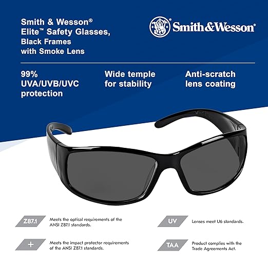 Smith & Wesson Elite Safety Glasses (21303), Smoke Lenses, Black Frame, Unisex Sunglasses for Men and Women