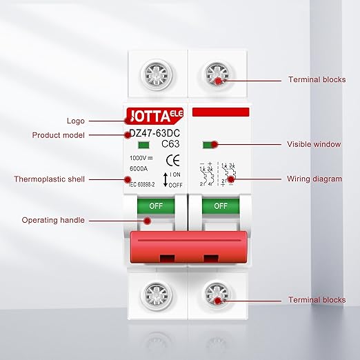 JOTTAELE Solar Panels Disconnect Switch,Miniature DC Circuit Breaker 2 Pole 1000V 63 Amp Isolator for Solar PV System, Thermal Magnetic Trip, DIN Rail Mount (DC 2P 63A 2PCS)