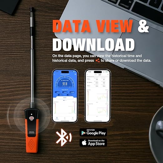 Hot Wire Anemometer Handheld CFM/CMM Air Flow Meter Wind Speed Gauge Measures 0-40m/s, 0-999900CFM with Bluetooth & App Operation, Thermal Anemometer for Max/Min, Data Hold