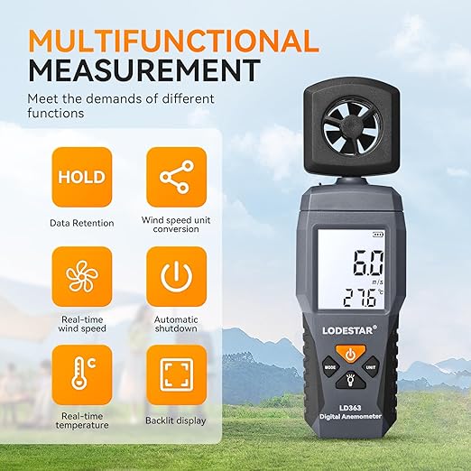 LODESTAR LD363 Digital Anemometer, Handheld Anemometer, Digital Wind Speed CFM Meter Gauge Air Flow Velocity Tester for HVAC Shooting Drone, Wind Chill, 32℉-122℉ Wind Temperature