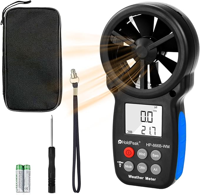 HoldPeak Handheld Anemometer Barometer, Weather Meter for Wind Speed, Temperature, Humidity, Dew Point, Altitude, Barometric Pressure, Wind Chill Measuring, Digital Wind Guage 866B-WM