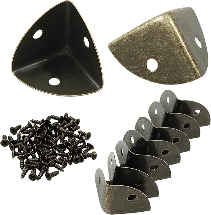 12Pcs Box Corner Protectors, 1" (25mm) Metal Corner Edges Protector Triangle Corner Protectors Bronze Corner Covers Edge Guard with Screws for Wooden Case Trunk Box Table Cabinet