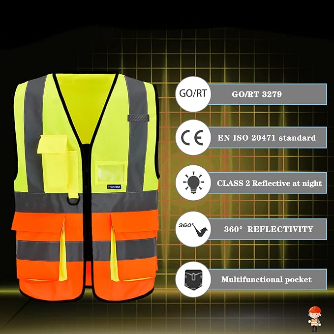 A-SAFETY Industrial Safety Vest, Hi Vis 9 Pockets High Visibility Zipper Front Reflective Safety Vest, Orange&Yellow Color Mixed, XL