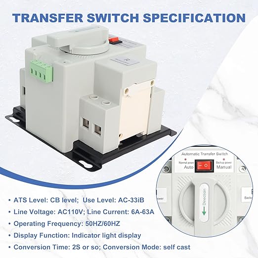 Dual Power Automatic Transfer Switch, 110V 2P 63A CE Certified ATS Generator Changeover Switch 50Hz/60Hz, White