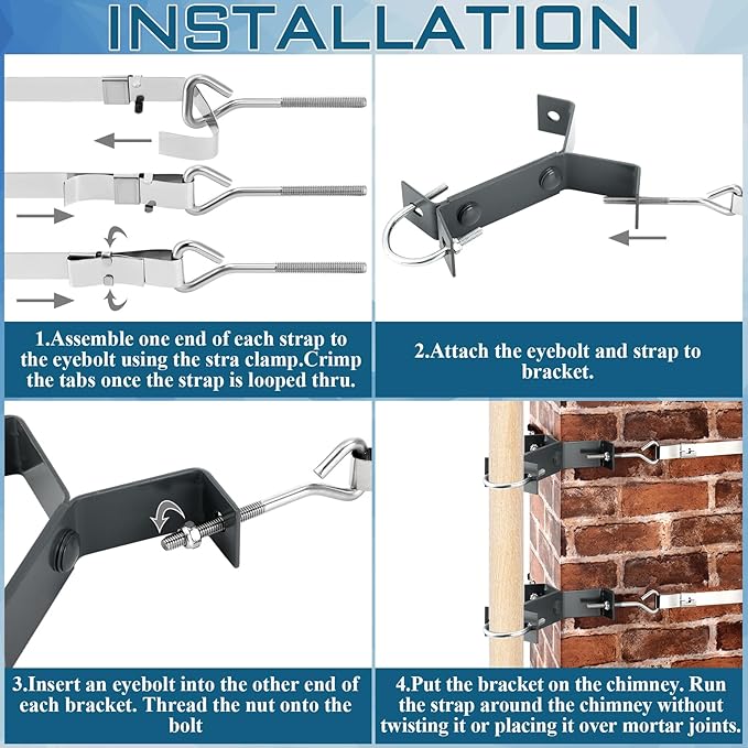 Blulu 2 Set TV Chimney Antenna Y-Mount Kit 18ft Galvanized Steel Straps Stainless Steel 4 Inch Standoff Pole Mast Bracket Wall Mounting Heavy Duty for Cb Ham Home Outdoor Weather Station