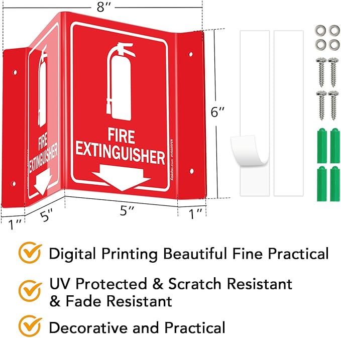 Faittoo Fire Extinguisher Sign, Fire Extinguisher with Down Arrow - 3 Pack 6 x 8 Inches V-Shaped Acrylic Plastic, 4 Pre-Drilled Holes, Includes Matching Screws, Use for Home Office/Business