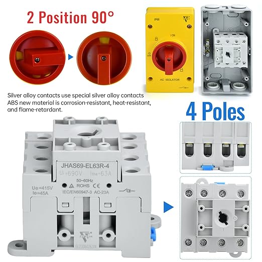 63 Amp Disconnect Switch 690V AC, IP66 Waterproof, Isolation PV Disconnect On Off Combiner Box, 4 Pole 63A Combiner Box for PV System