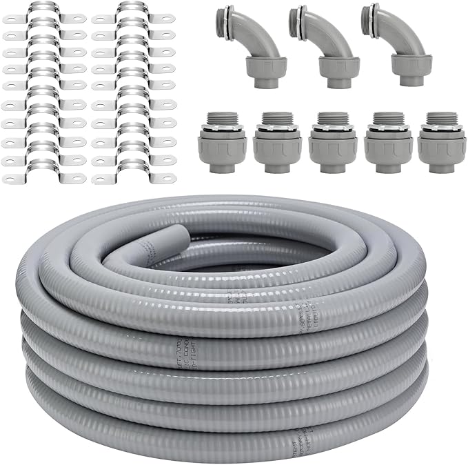 Liquid-Tight Conduit Connector Kit,Flexible Non Metallic Liquid Tight Electrical Conduit Kit,Waterproof Outdoor Electrical Conduit Pipe,Straight/Angle Fittings,Clamps (1 in x 100 ft)