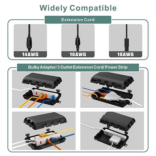 Outdoor Electrical Box(9.05x6.61x2.67inch), IP54 Waterproof Extension Cord Cover 9 Cable Entry Ports Connection Hider Box Safety Protector, Protect Plug, Holiday Light, Timer,and Power Strip, Black