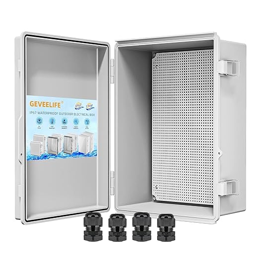 GEVEELIFE Waterproof Junction Box ABS Plastic, Outdoor Electrical Box IP67 Hinged Cover Project Box with Mounting Plate Wall Brackets and 2 Cable Glands, Grey Electrical Enclosure 10.5"x6.5"x5.3"
