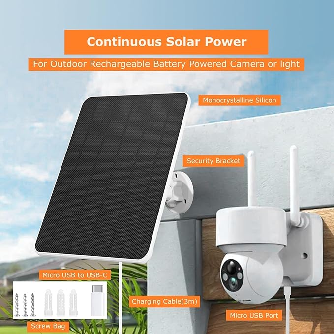 Solar Panel for Security Camera, 6W Solar Panel Micro USB & USB-C for Outdoor Rechargeable Battery Camera, Doorbell, Light, Solar Panels with IP65 9.8ft Cable, Adjustable Bracket (2 Pack)