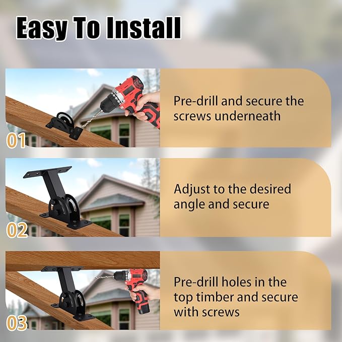 Heavy Duty Roof Riser Brackets Kit, 3 Pcs, Adjustable Angle Pergola Brackets, Black Powder-Coated, Carbon Steel, Wall Mount