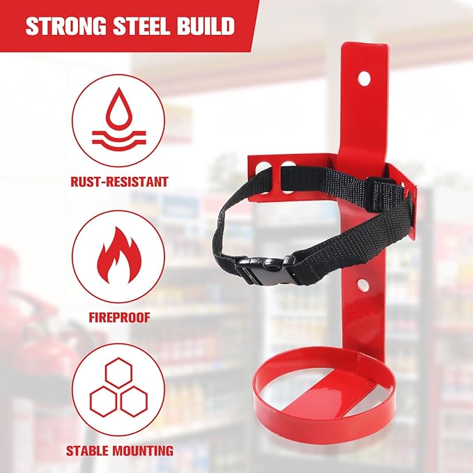 Fire Extinguisher Mount, 2.5LB Fire Extinguisher Bracket Wall Hanging Holder with Adjustable Straps for Home, Office, Garage (Red 2Pcs)